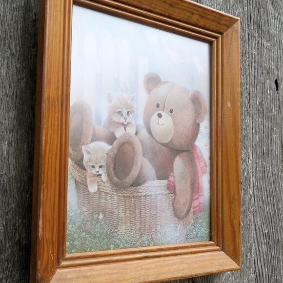 Ruane Manning 1987 Lithograph – Teddy Bear & Kitten, Donald Art Co, Framed Decor - Picture 2 of 6